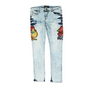 "Gold" Jeans Men’s 34x29 Skinny Blue Bold Graphics Distressed Denim Stained